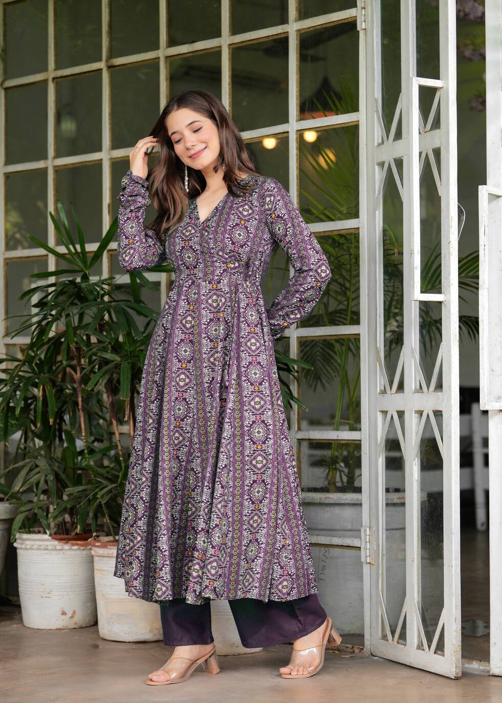 Wine Poly Cotton Ethnic Motif Anarkali Kurta With Palazzo Set