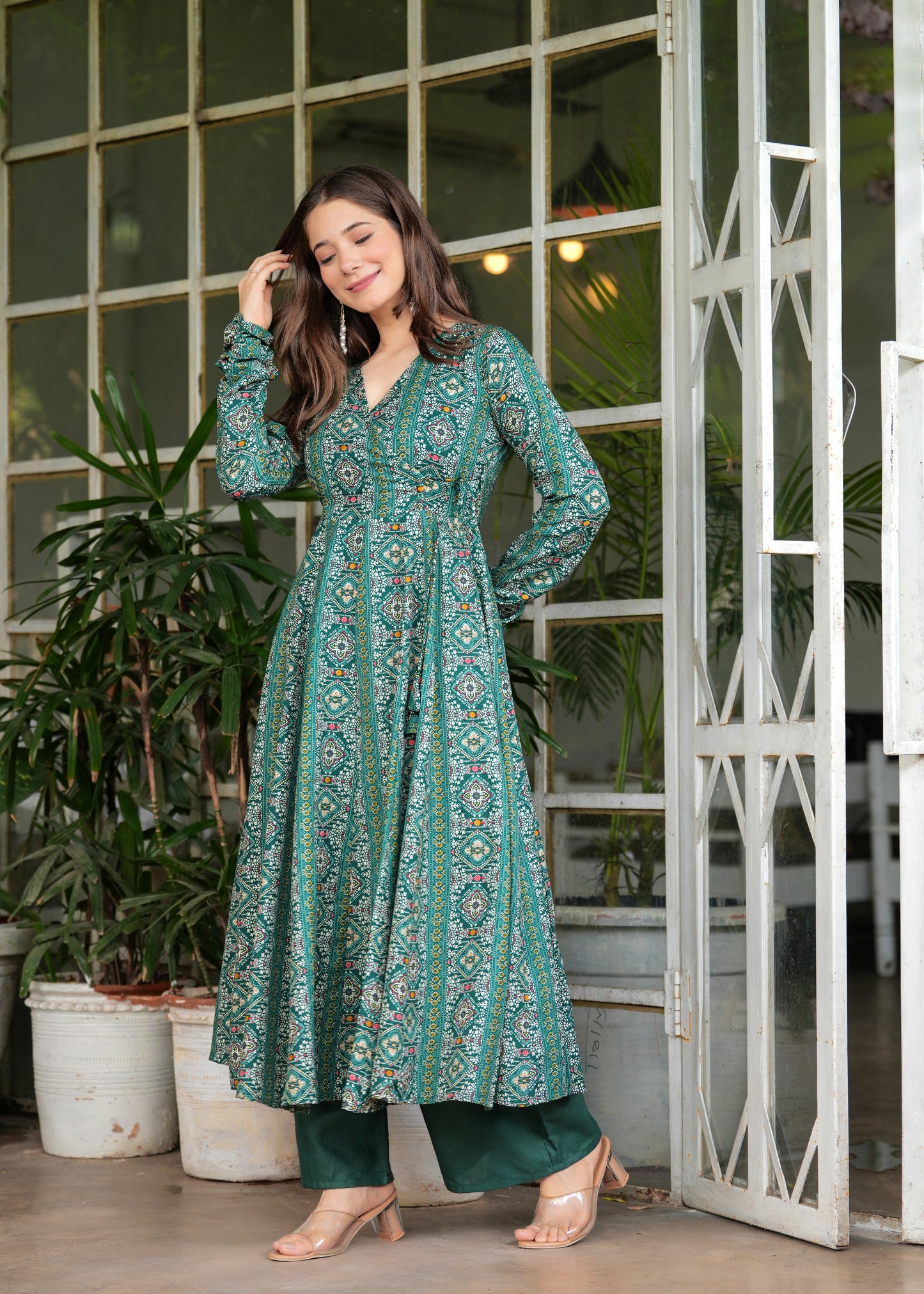 Firozi Cotton Ethnic Motif Anarkali Kurta With Palazzo Set