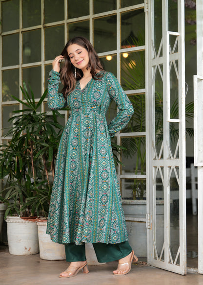 Firozi Cotton Ethnic Motif Anarkali Kurta With Palazzo Set