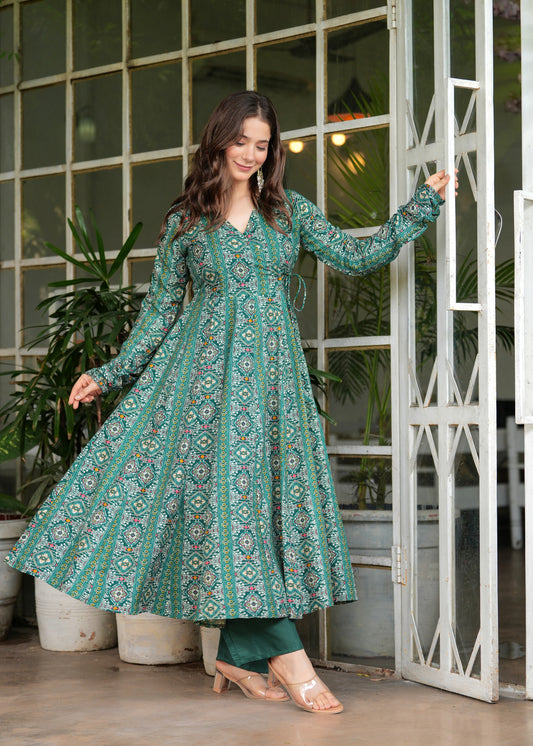 Firozi Cotton Ethnic Motif Anarkali Kurta With Palazzo Set