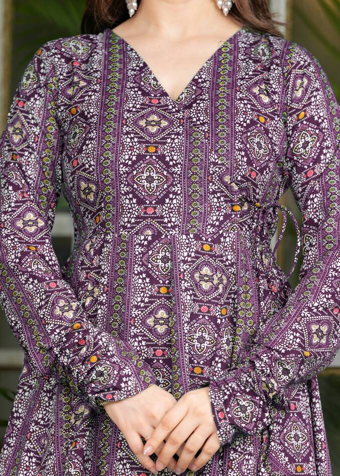 Wine Poly Cotton Ethnic Motif Anarkali Kurta With Palazzo Set