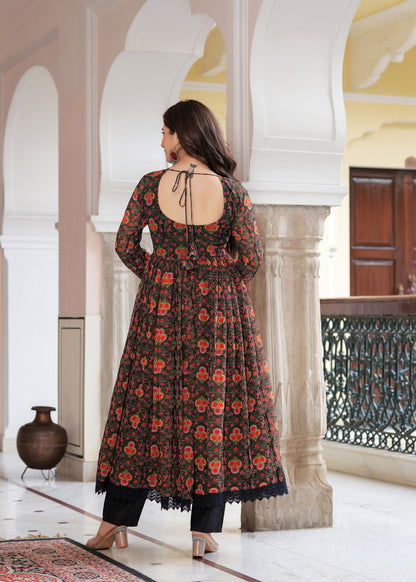 Black Flared Ethnic Motifs Printed Kurta & Trousers With Dupatta