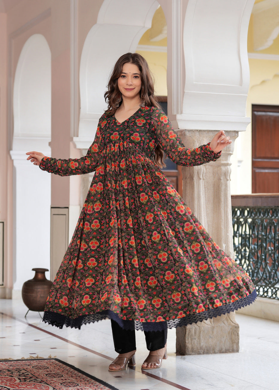 Black Flared Ethnic Motifs Printed Kurta & Trousers With Dupatta