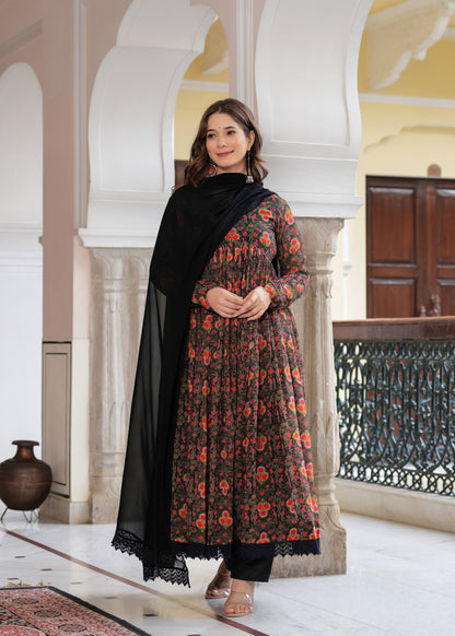 Black Flared Ethnic Motifs Printed Kurta & Trousers With Dupatta