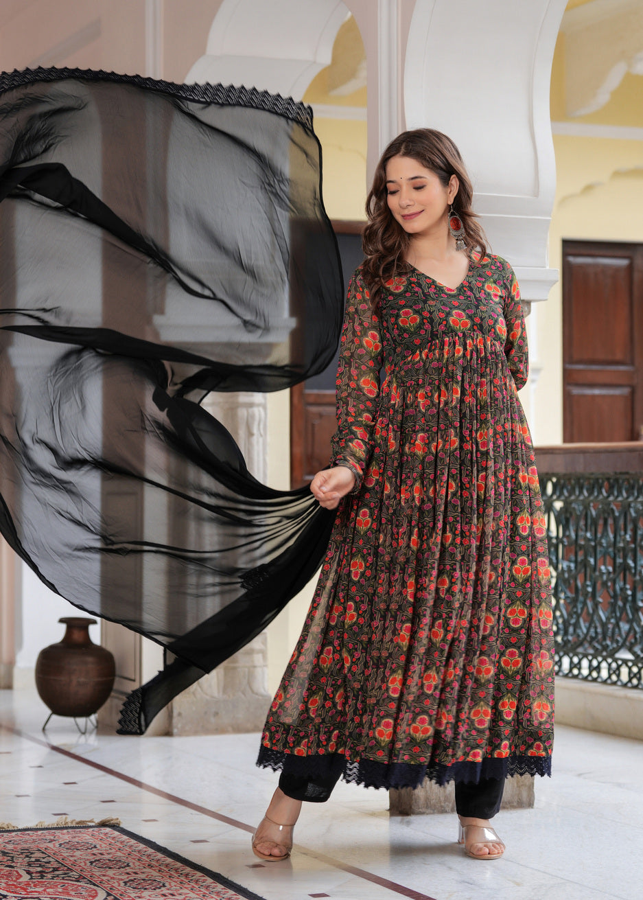 Black Flared Ethnic Motifs Printed Kurta & Trousers With Dupatta