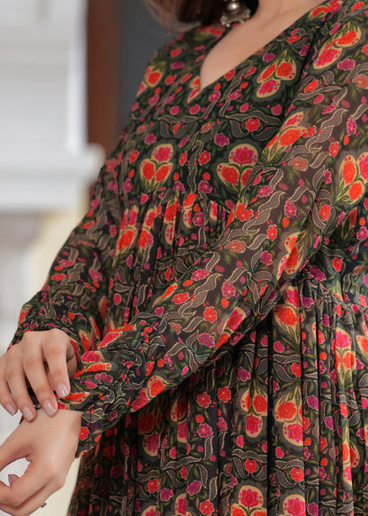 Black Flared Ethnic Motifs Printed Kurta & Trousers With Dupatta