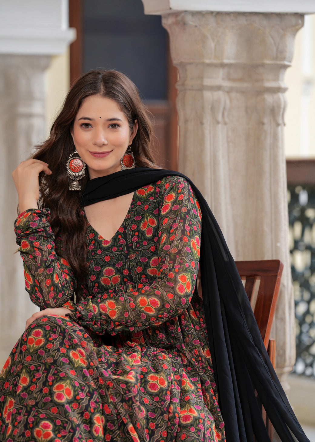 Black Flared Ethnic Motifs Printed Kurta & Trousers With Dupatta