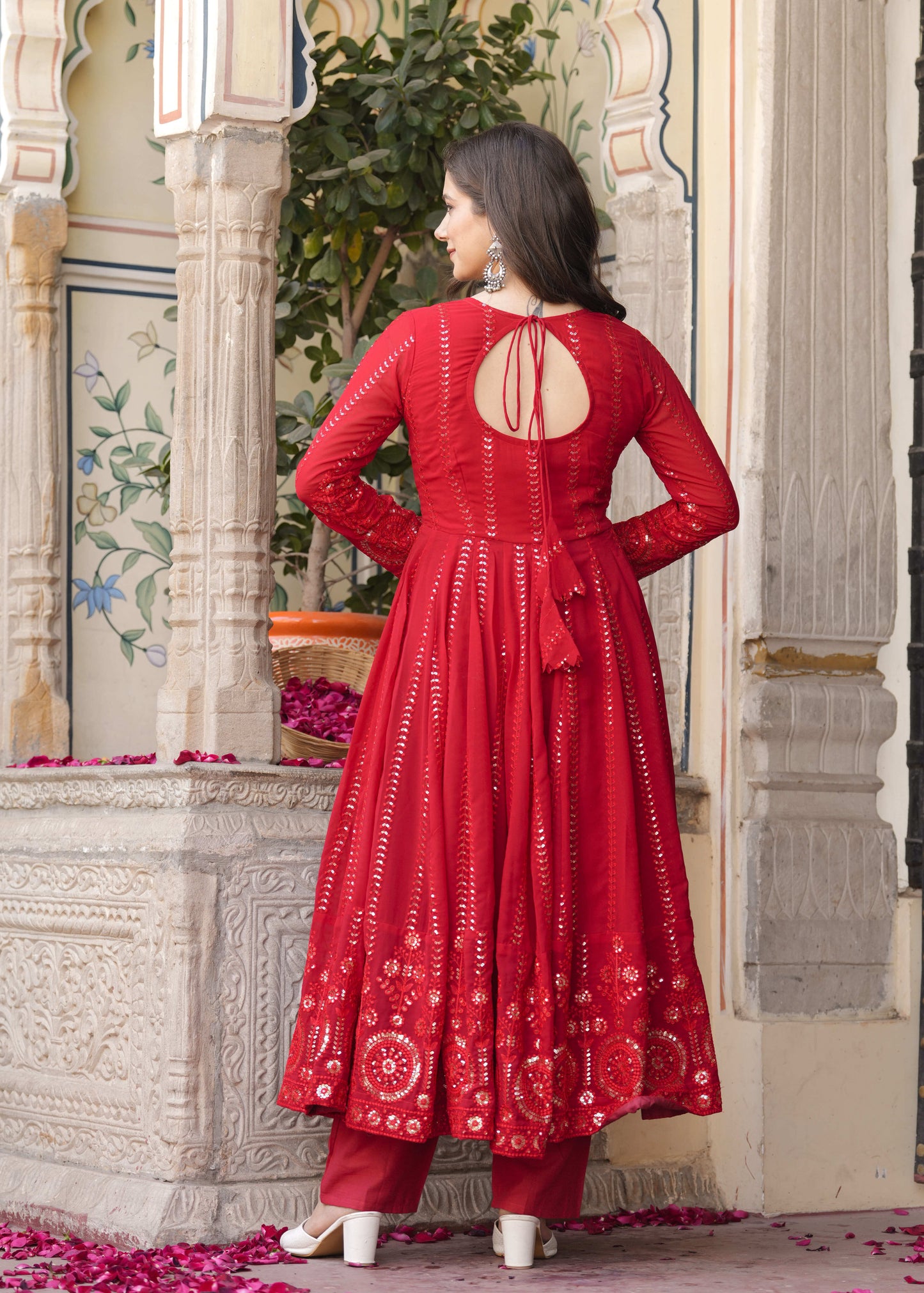 Red Anarkali Ethnic Motifs Embroidered Sequined Kurta & Trousers With Dupatta
