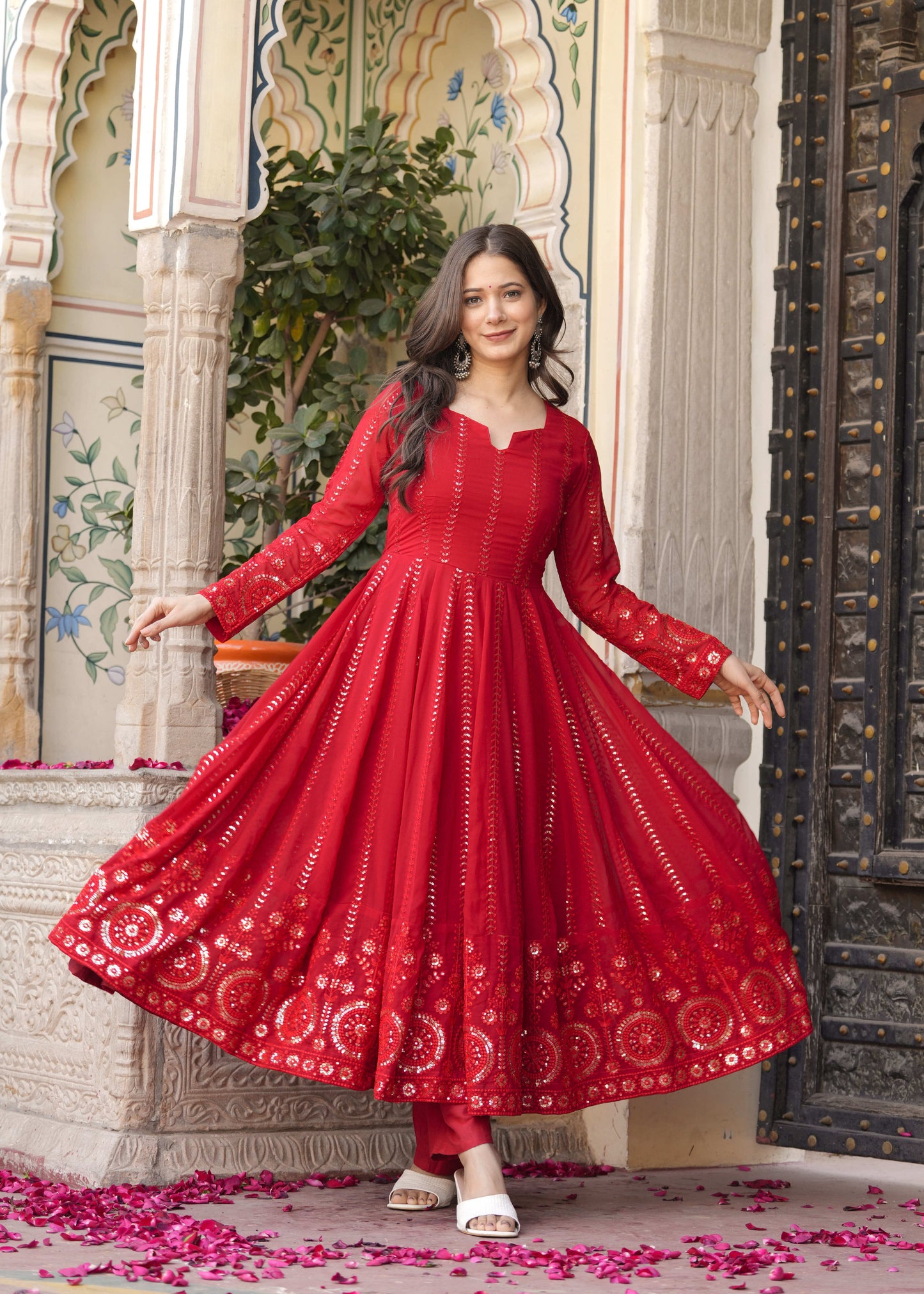 Red Anarkali Ethnic Motifs Embroidered Sequined Kurta & Trousers With Dupatta