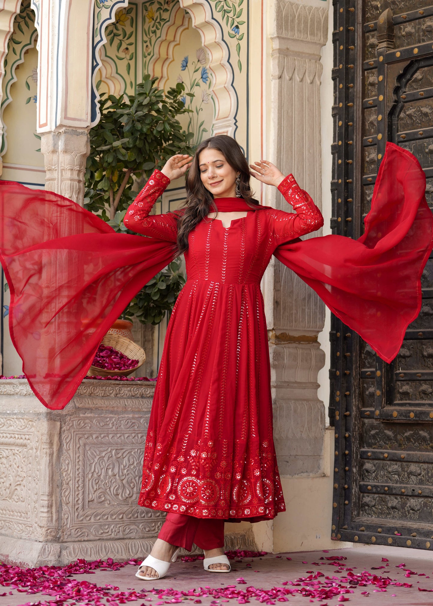 Red Anarkali Ethnic Motifs Embroidered Sequined Kurta & Trousers With Dupatta