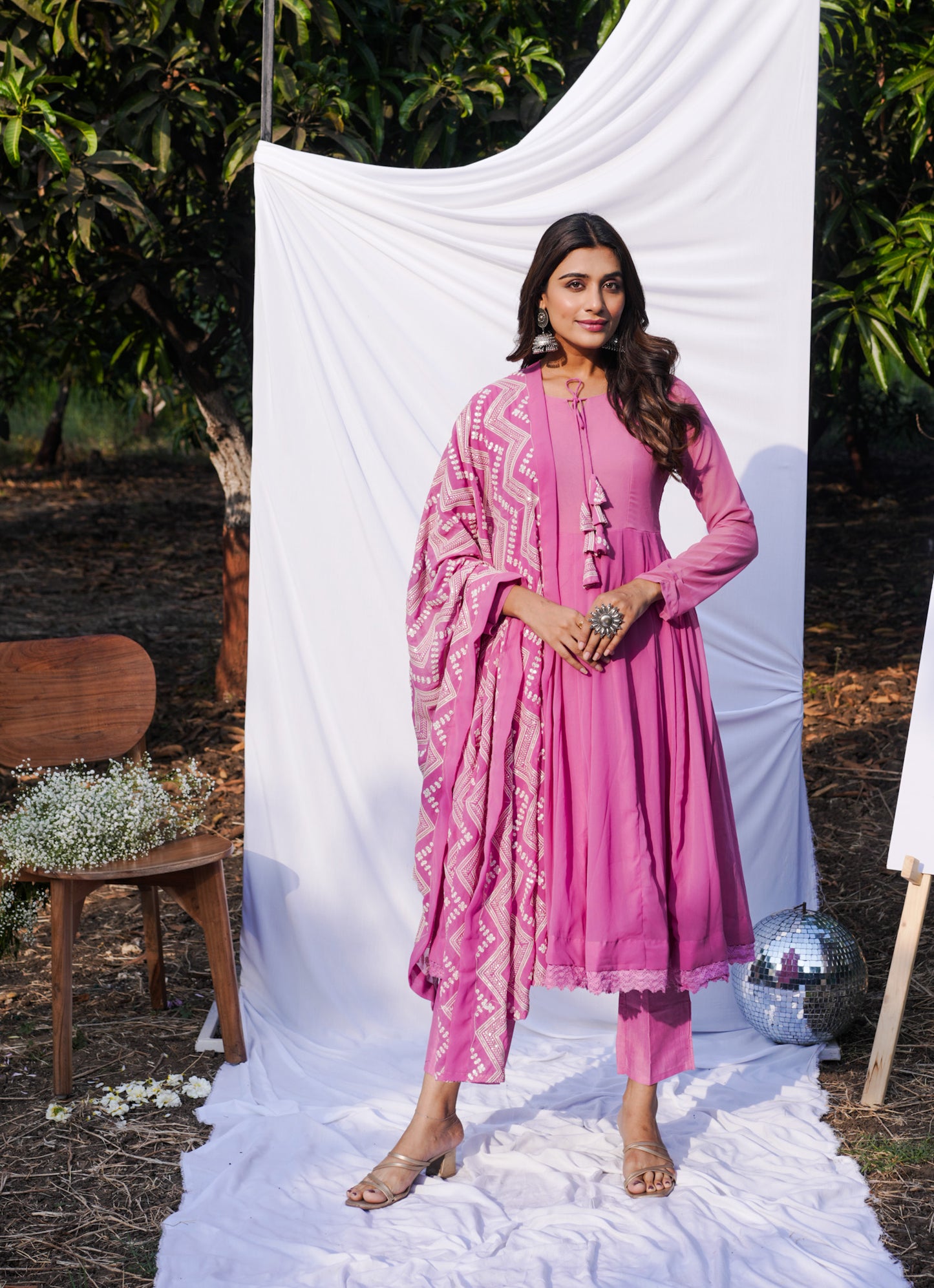 Purple Anarkali Ethnic Motifs Embroidered Kurta & Trousers With Dupatta