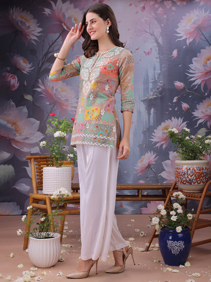 Peach Printed Notch Neck Chikankari Pure Cotton Straight Kurti