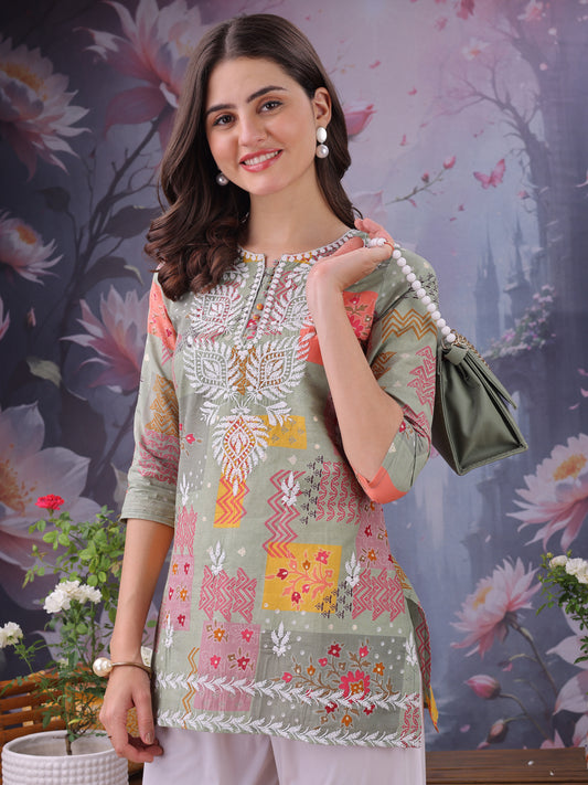 Floral Printed Notch Neck Chikankari Pure Cotton Straight Kurti