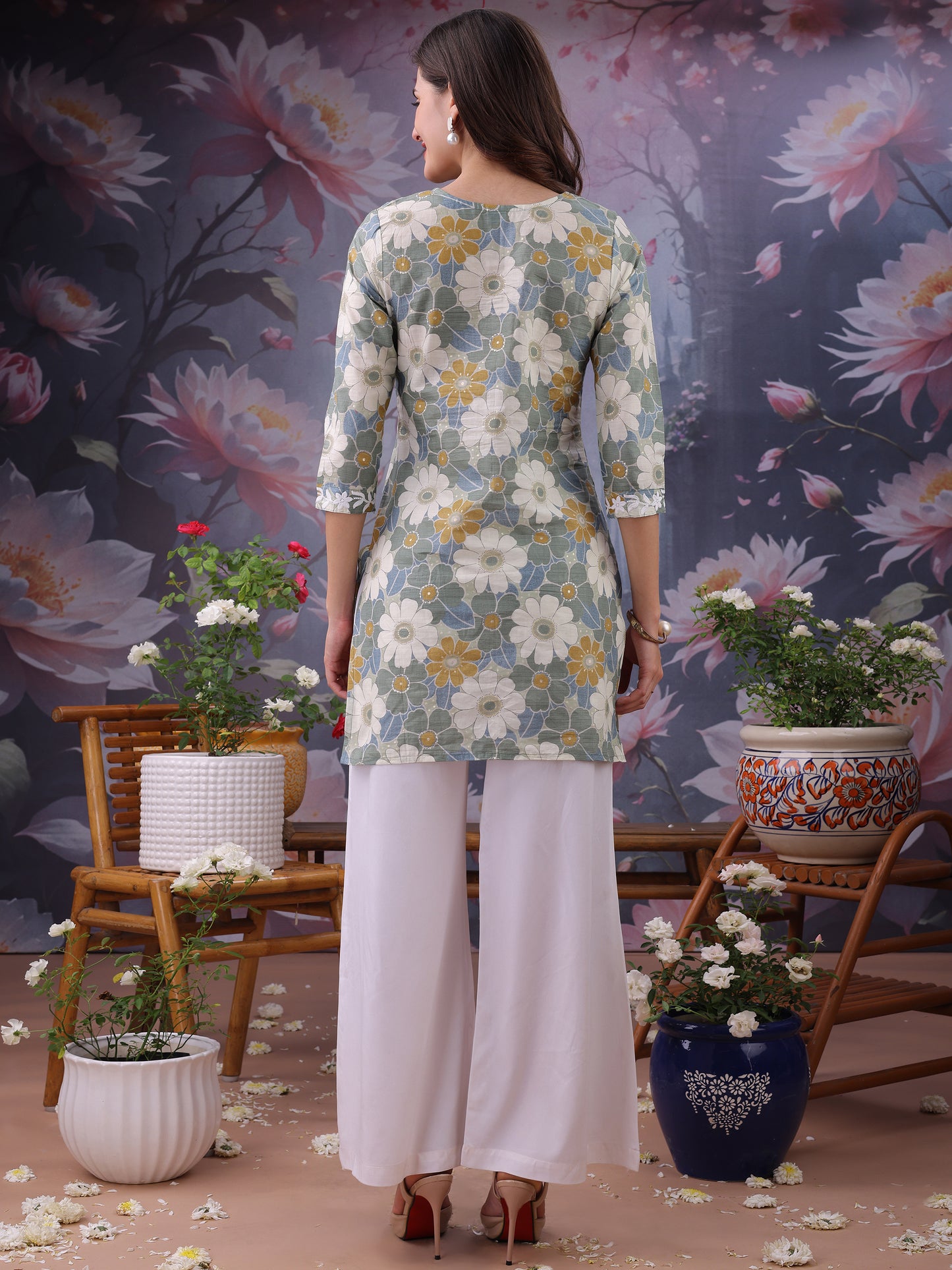 Floral Printed Notch Neck Chikankari Pure Cotton Straight Kurti