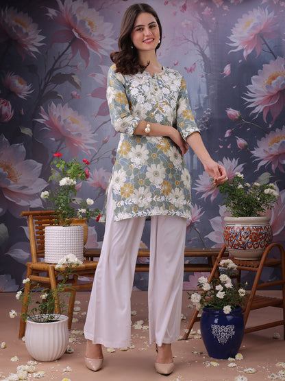 Floral Printed Notch Neck Chikankari Pure Cotton Straight Kurti