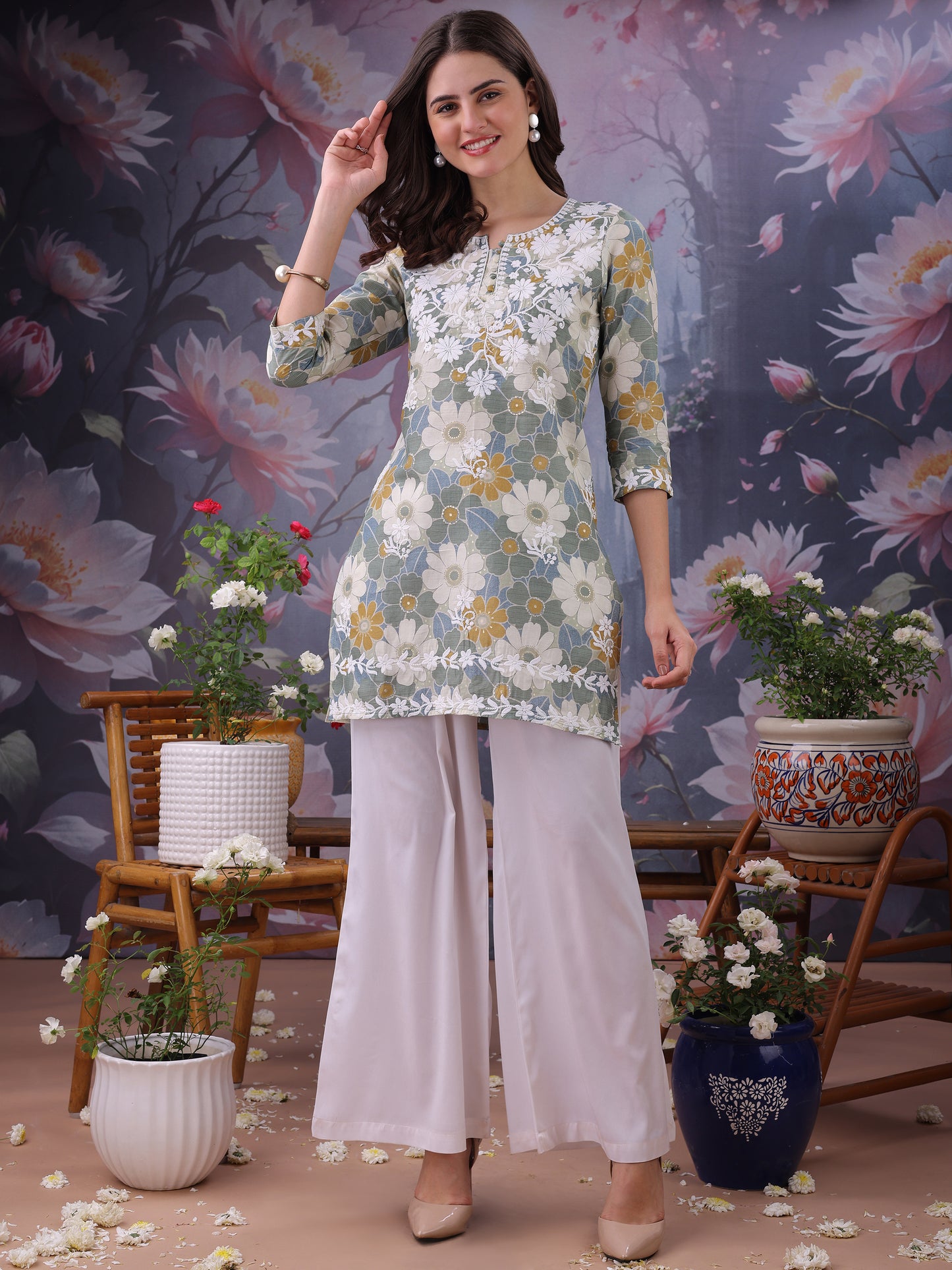 Floral Printed Notch Neck Chikankari Pure Cotton Straight Kurti
