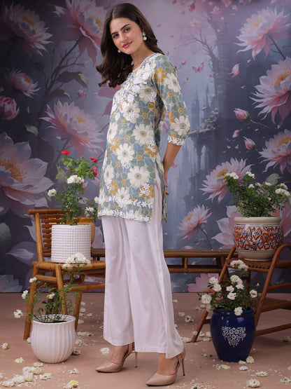Floral Printed Notch Neck Chikankari Pure Cotton Straight Kurti