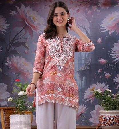Floral Printed Notch Neck Chikankari Pure Cotton Straight Kurti
