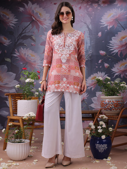 Floral Printed Notch Neck Chikankari Pure Cotton Straight Kurti