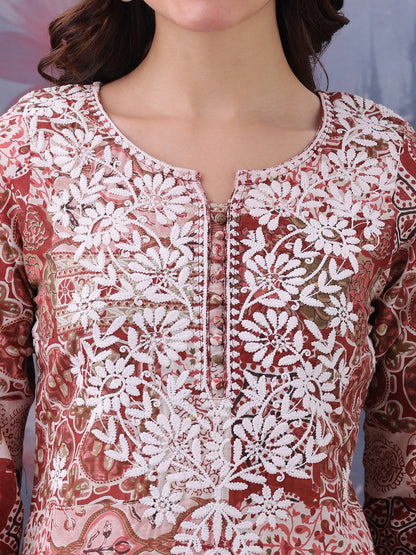 Floral Printed Notch Neck Chikankari Pure Cotton Straight Kurti