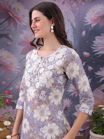 Floral Printed Notch Neck Chikankari Pure Cotton Straight Kurti