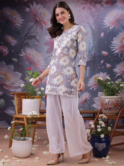 Floral Printed Notch Neck Chikankari Pure Cotton Straight Kurti