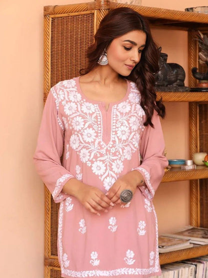 Peach Solid Round Neck Chikankari Pure Cotton Straight Kurti