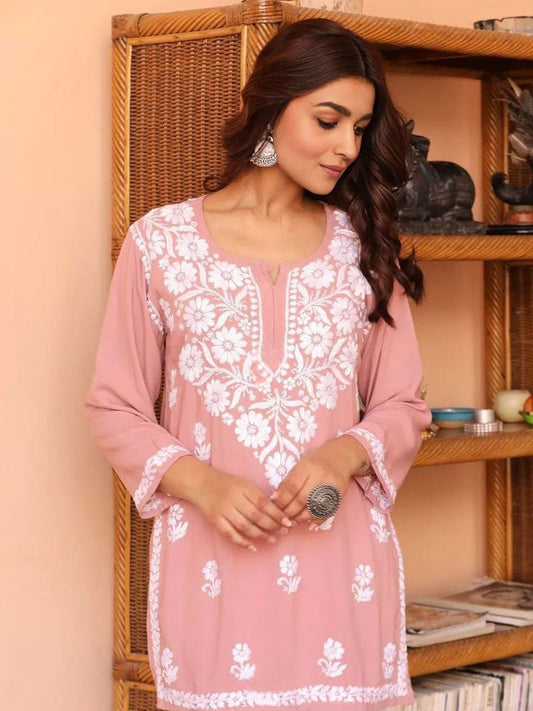 Peach Solid Round Neck Chikankari Pure Cotton Straight Kurti