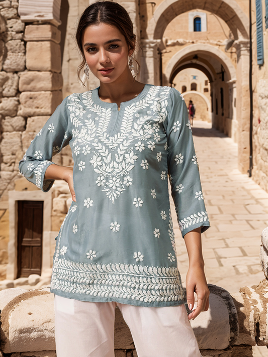 Grey Solid Round Neck Chikankari Pure Cotton Straight Kurti