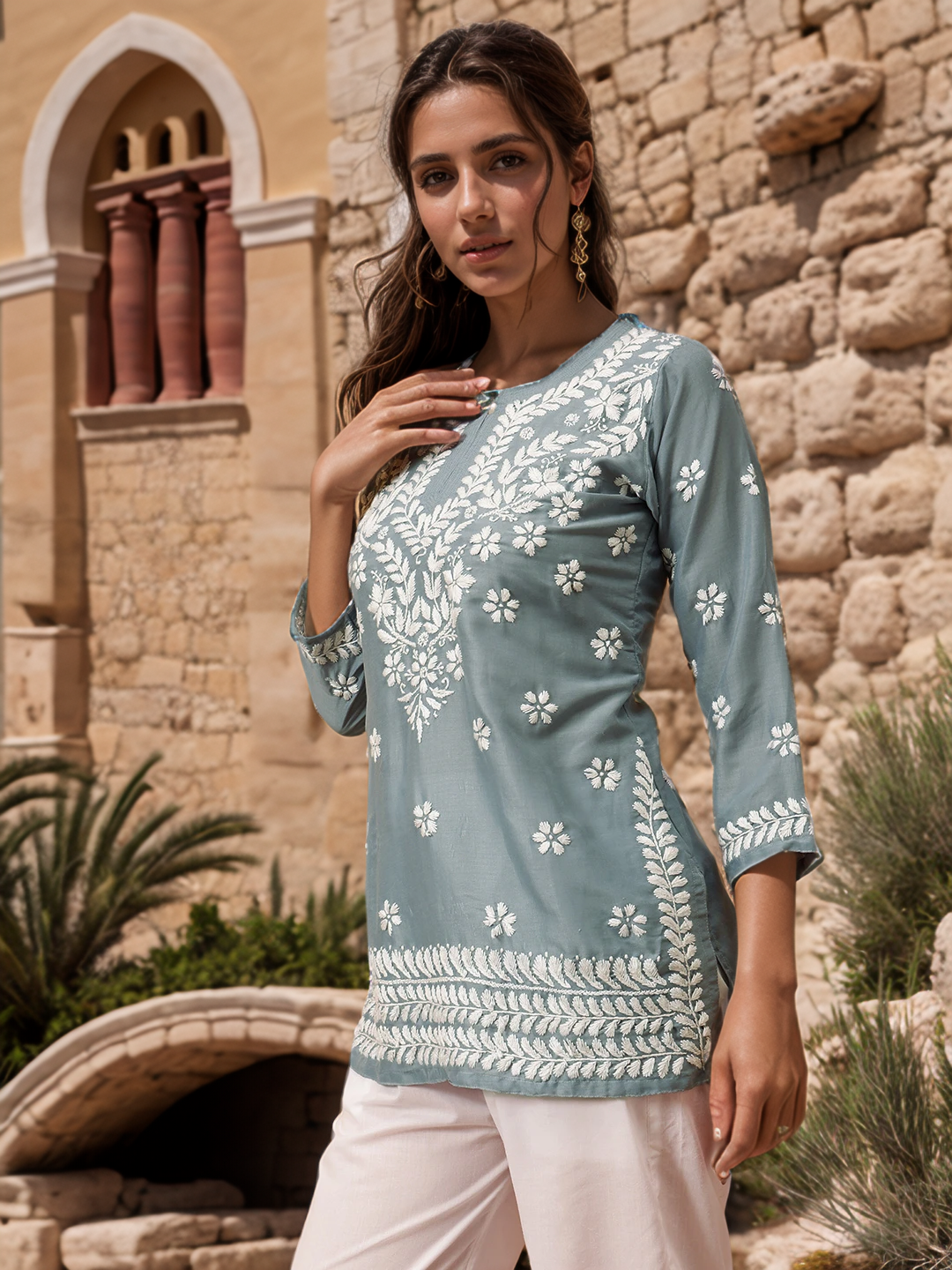 Grey Solid Round Neck Chikankari Pure Cotton Straight Kurti