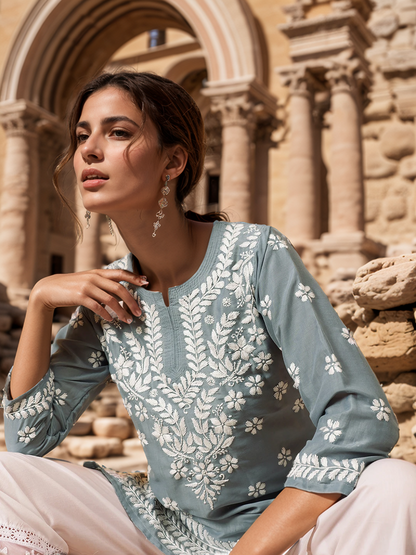 Grey Solid Round Neck Chikankari Pure Cotton Straight Kurti