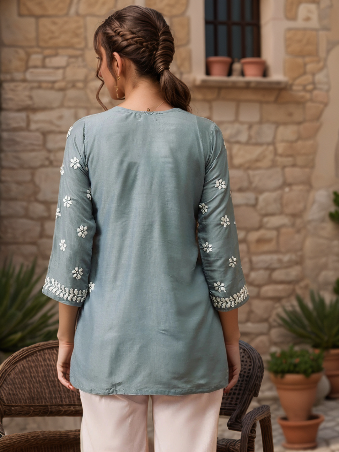 Grey Solid Round Neck Chikankari Pure Cotton Straight Kurti