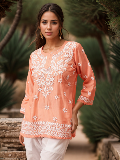 Peach Solid Round Neck Chikankari Pure Cotton Straight Kurti