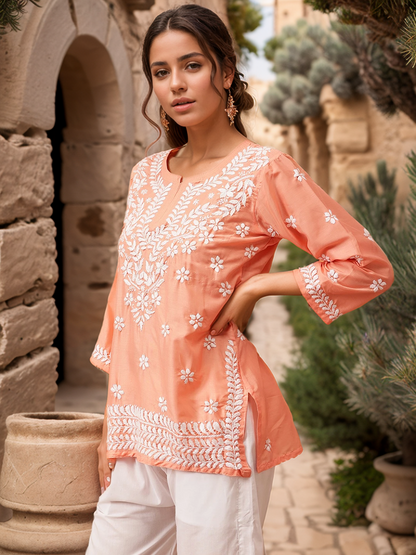 Peach Solid Round Neck Chikankari Pure Cotton Straight Kurti