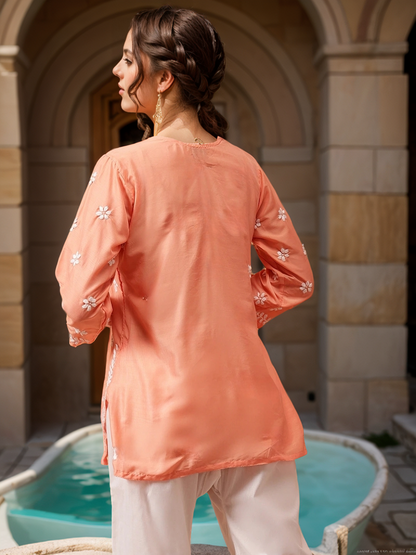 Peach Solid Round Neck Chikankari Pure Cotton Straight Kurti