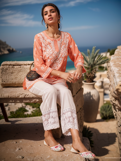 Peach Solid Round Neck Chikankari Pure Cotton Straight Kurti