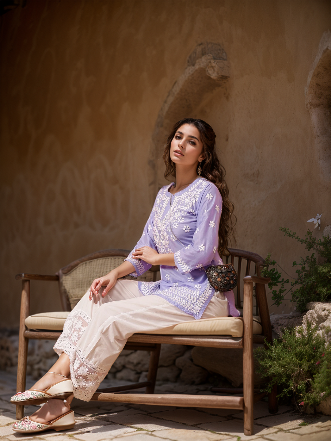 Purple Solid Round Neck Chikankari Pure Cotton Straight Kurti