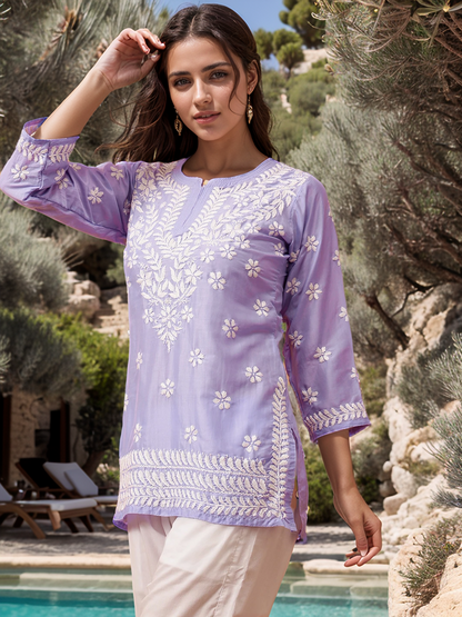 Purple Solid Round Neck Chikankari Pure Cotton Straight Kurti