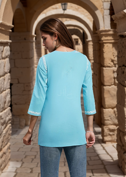 Firozi Solid Round Neck Chikankari Pure Cotton Straight Kurti