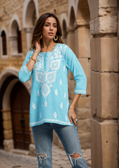 Firozi Solid Round Neck Chikankari Pure Cotton Straight Kurti
