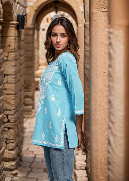 Firozi Solid Round Neck Chikankari Pure Cotton Straight Kurti