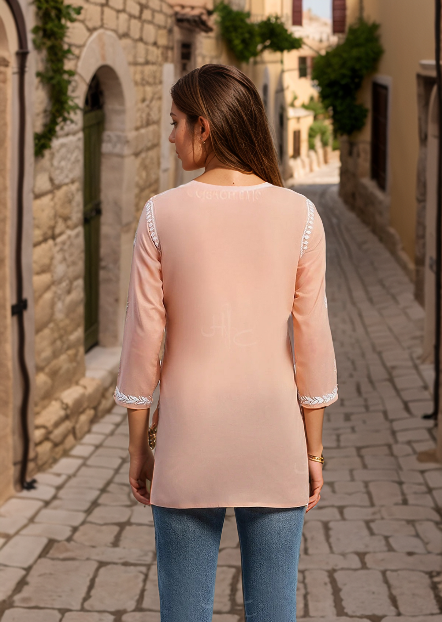 Peach Solid Round Neck Chikankari Pure Cotton Straight Kurti