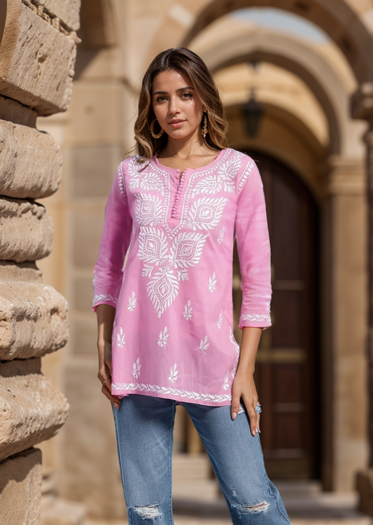 Pink Solid Round Neck Chikankari Pure Cotton Straight Kurti