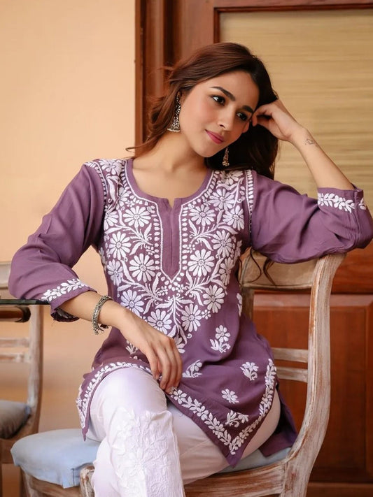 Purple Solid Round Neck Chikankari Pure Cotton Straight Kurti
