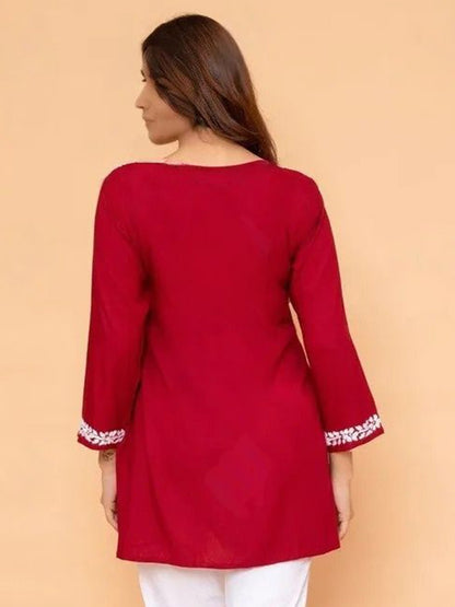 Red Solid Round Neck Chikankari Pure Cotton Straight Kurti