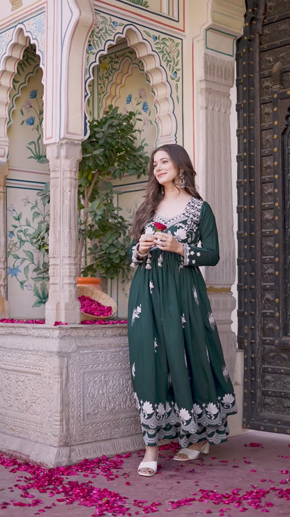 Green Rayon Ethnic Motif Embroidery Fit And Flared  Kurta With Sharara Set