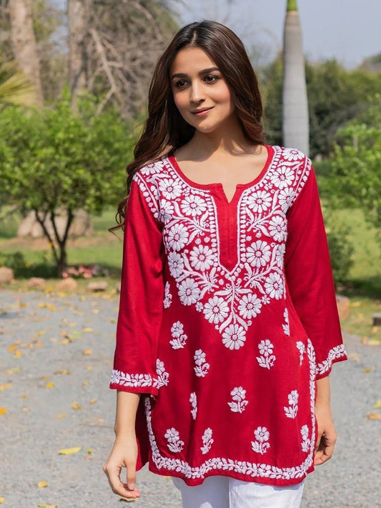 Red Solid Round Neck Chikankari Pure Cotton Straight Kurti