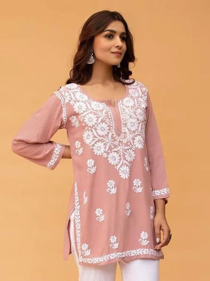 Peach Solid Round Neck Chikankari Pure Cotton Straight Kurti